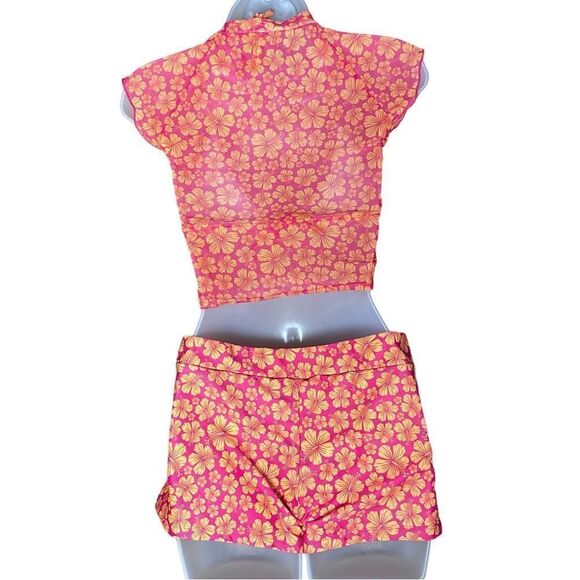 Shein Orange Pink Floral Y2K Neon Orange Sheer Two Piece Swimsuit - Picture 5 of 9